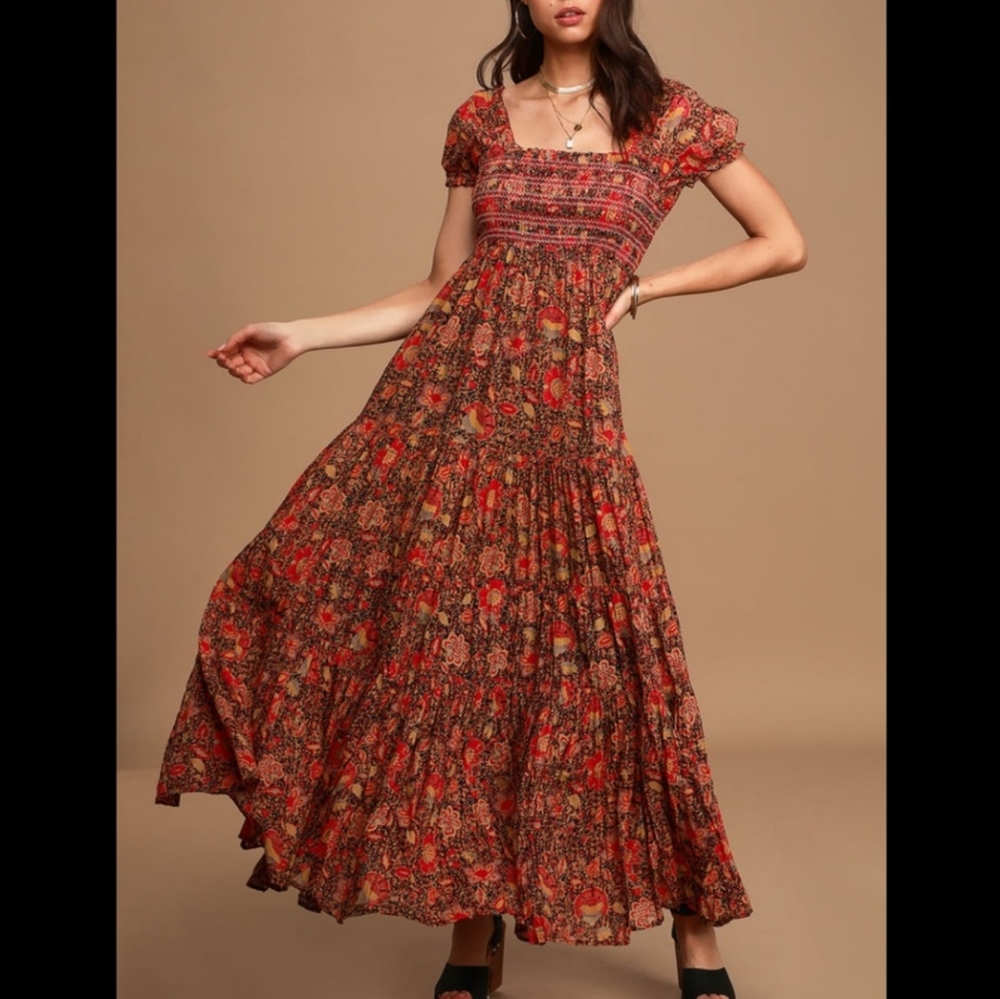Free People Gateway Floral Smocked Pleated Maxi Dress Lined